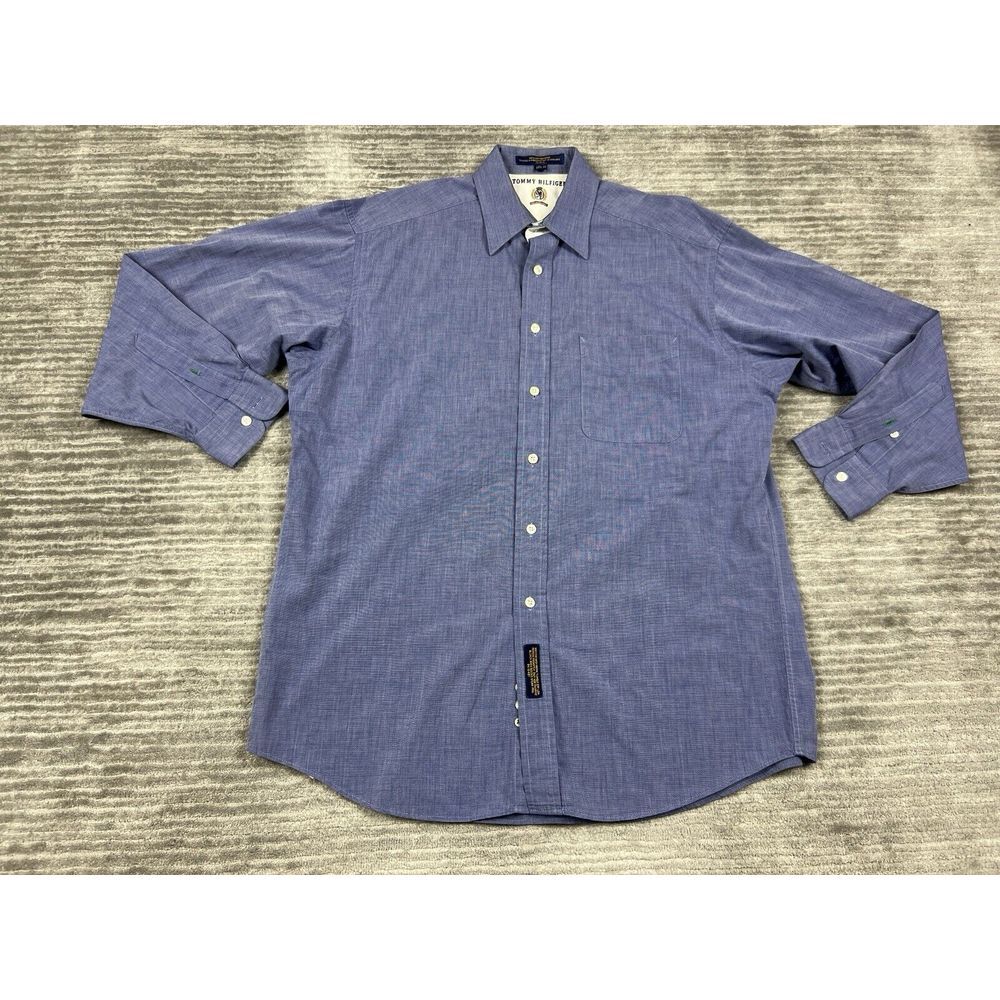 Tommy Hilfiger Shirt Mens 15.5 33 Blue Long Sleeve Button Up Cotton Crest‎ Logo